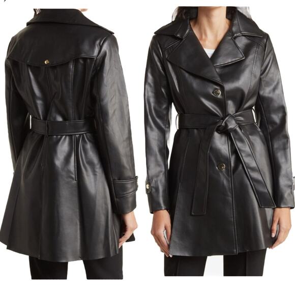 Via Spiga Chocolate Brown Vegan Leather Trench Coat Size Medium Belted Classic - Picture 2 of 16